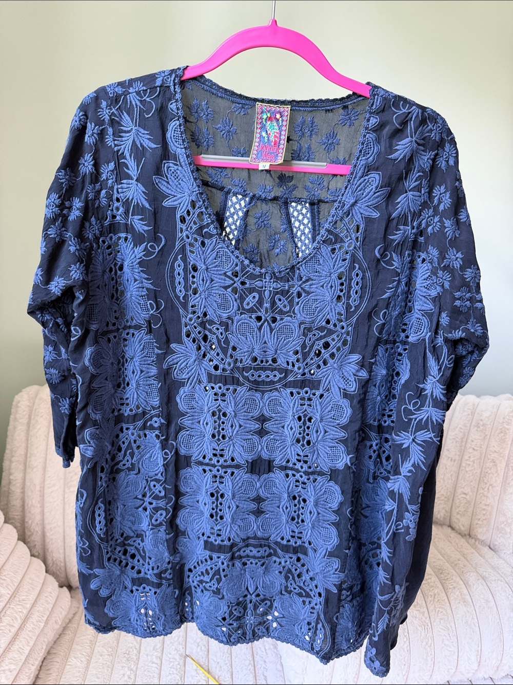 Like New Johnny Was Navy Eyelet Woman’s Oversized Blouse with Embroidered Floral